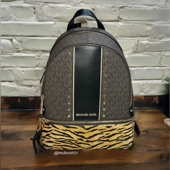 Micheal Kors Rhea Studded Logo and Tiger Print Calf Hair Backpack + Wallet NWT - Picture 4 of 11